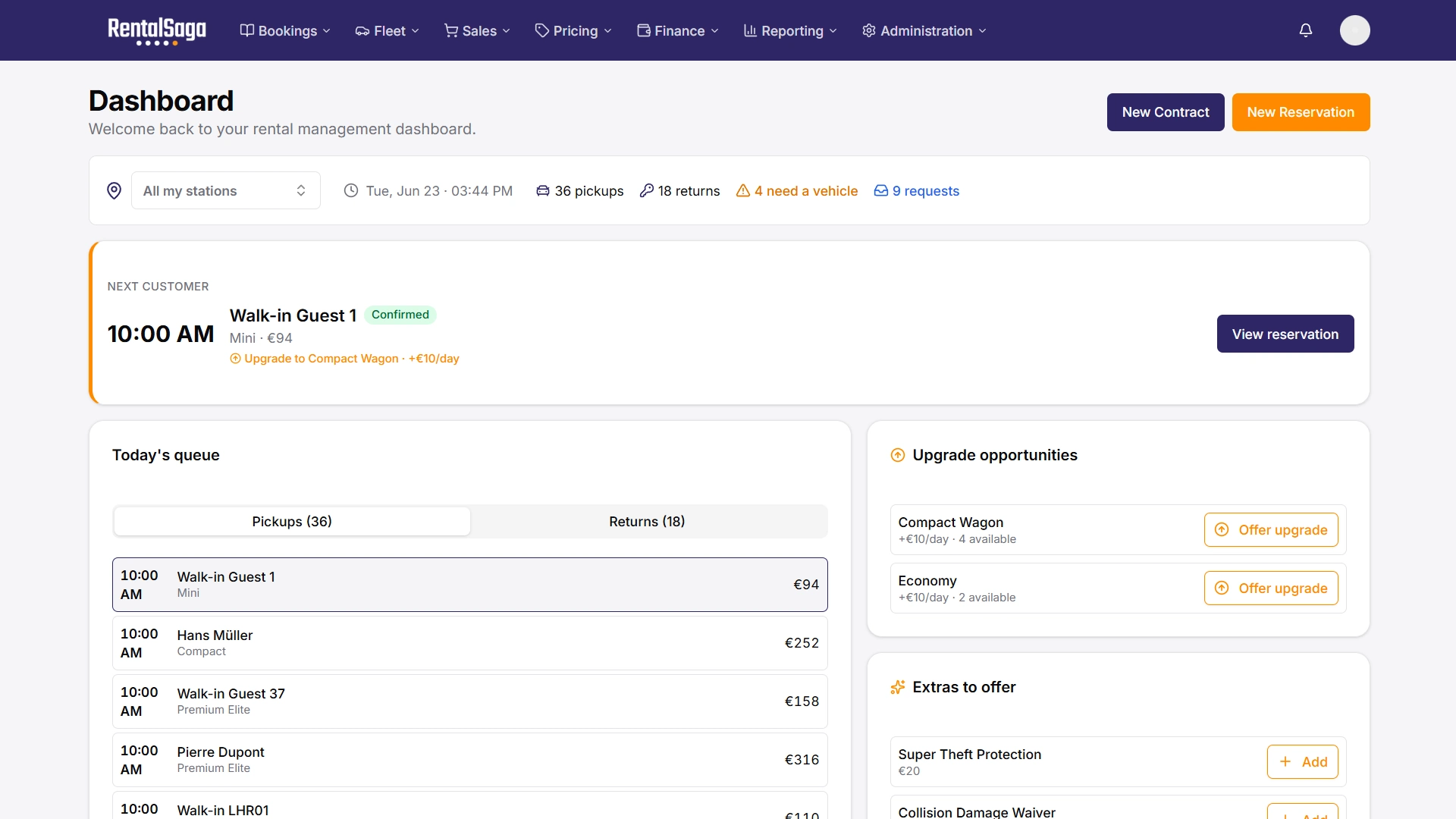 RentalSaga agency dashboard — daily pickup and return queue, upgrade opportunities, and extras to offer