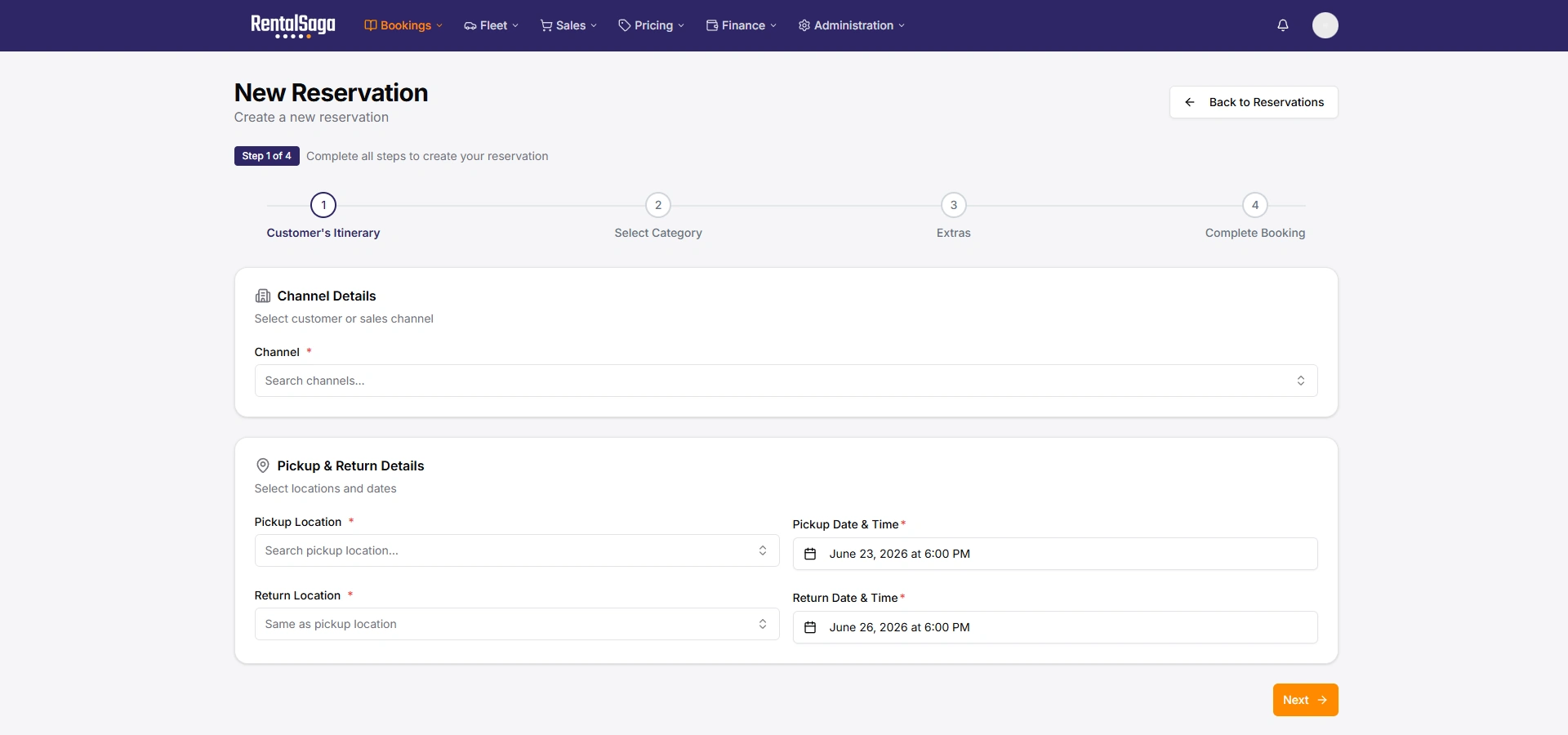 RentalSaga reservation wizard — step 1 of 4, customer's itinerary with channel, pickup, and return details